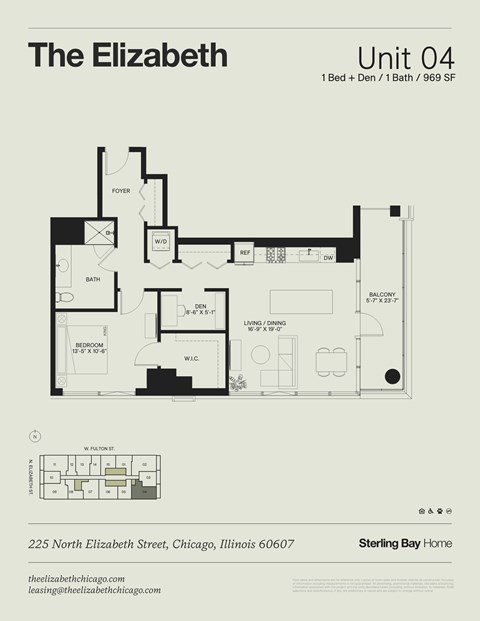 Floor plan for 1 bed, 1 bath, 969 sqft
